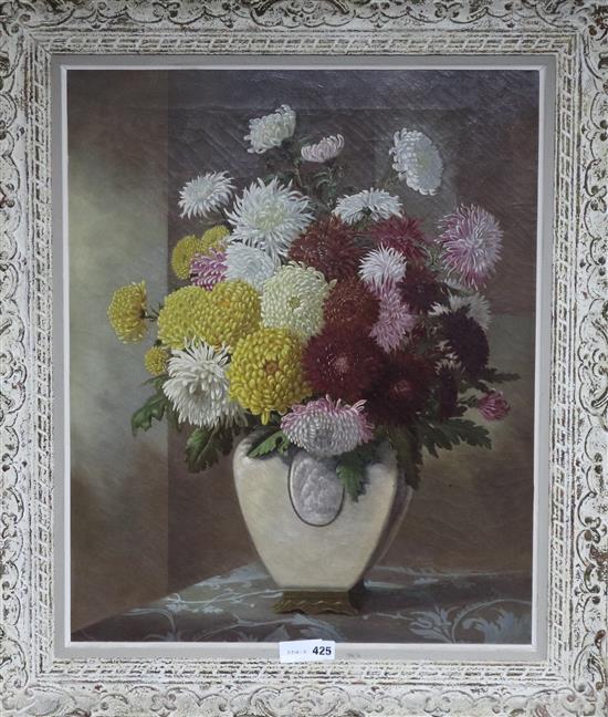 ER 1887, oil on canvas, chrysanthemums in an aesthetic vase, initialled and dated, 67 x 54cm